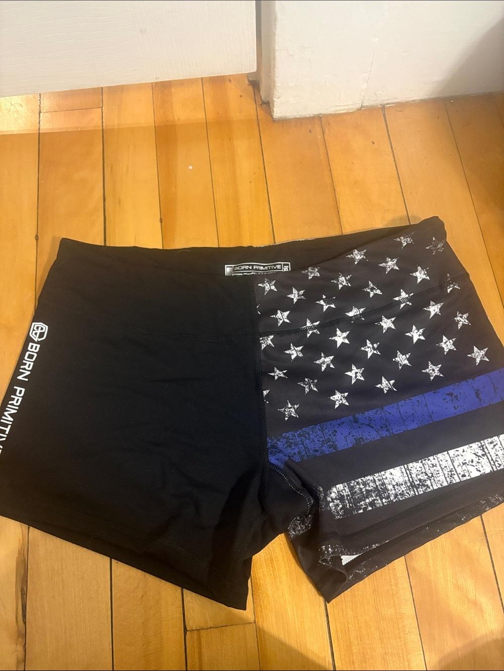 Born Primitive Black Athletic Shorts with Thin Blue Line Flag